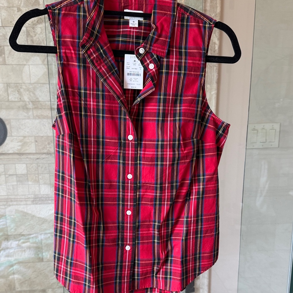 JCREW Red Plaid Sleeveless Button-Up Shirt